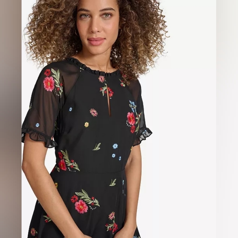 NWT Size 12 Kensie Black & Multi Embroidered Chiffon Back Cutout A Line Dress